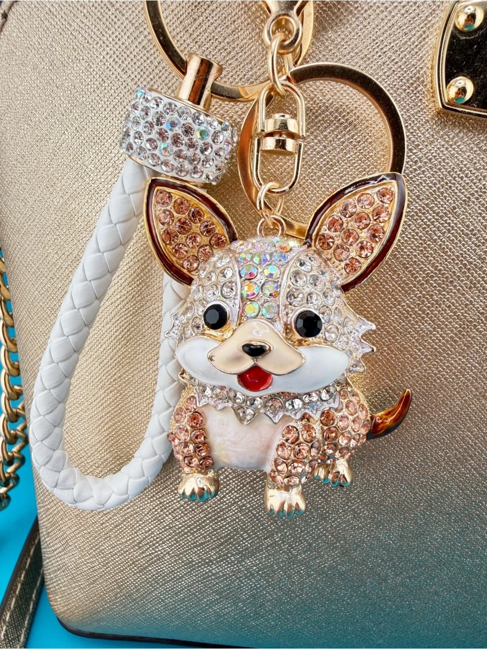 🐶 White & Gold CORGI PUPPY DOG Crystal Rhinestone Bag Charm /Keychain + Key Ring
